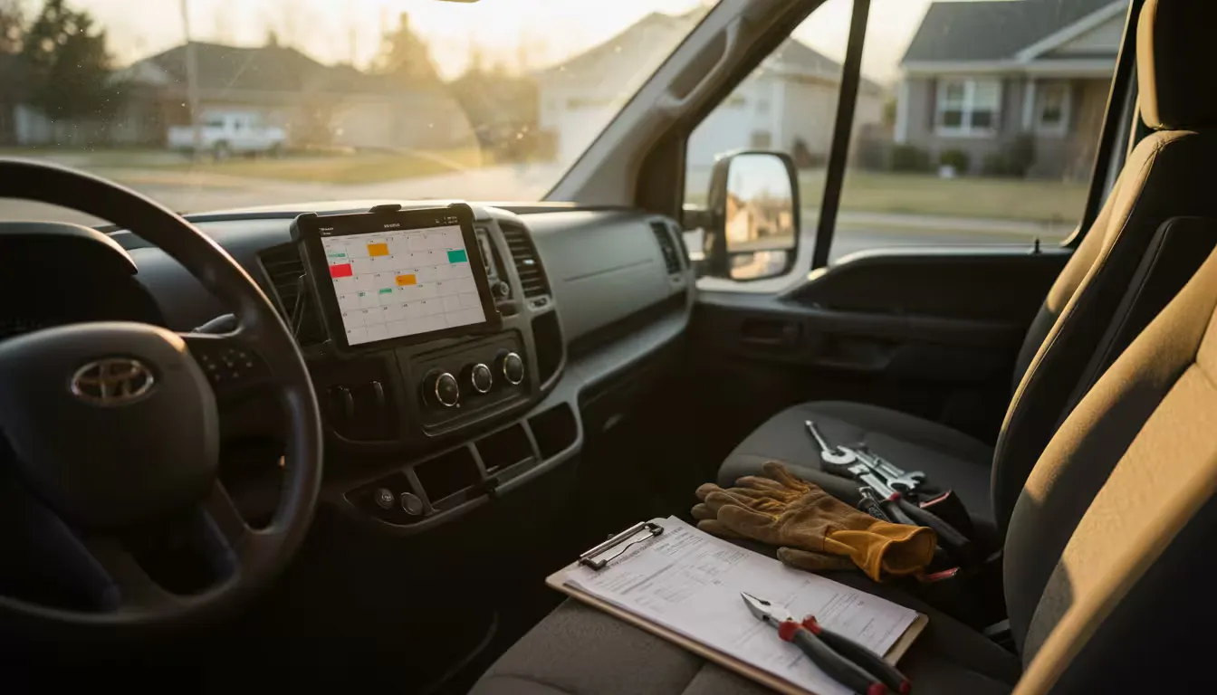 Interior shot of an HVAC service van during golden hour, warm natural light filtering through the windshield and side windows.