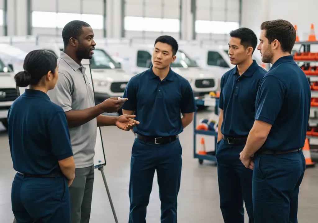 Technician de-escalation coaching huddle in a bright warehouse bay