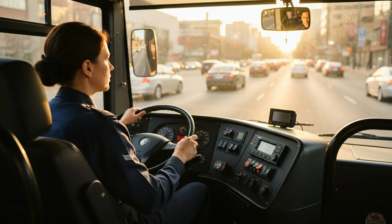 Transit bus driver at wheel during morning commute rush hour