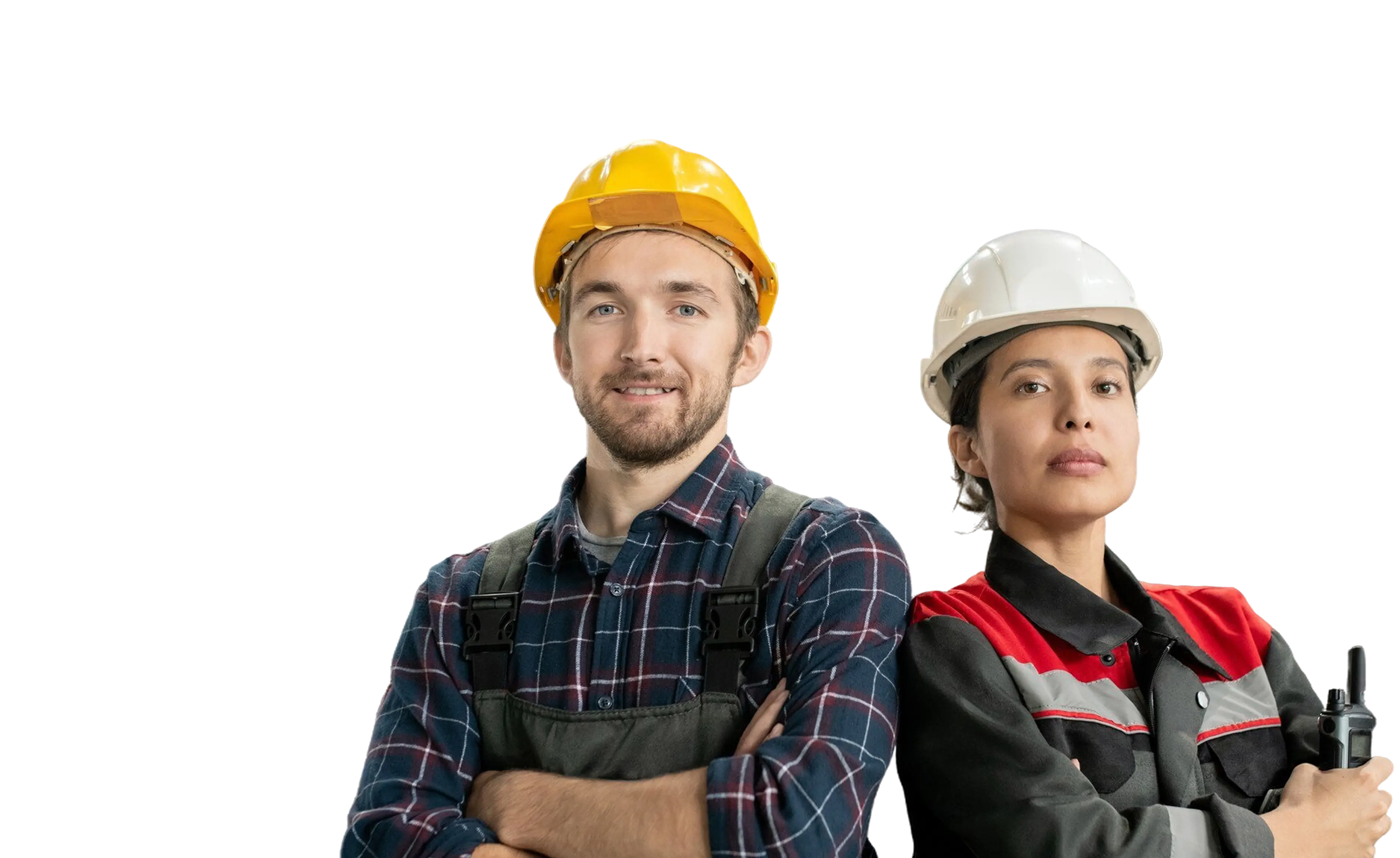 Two confident workers in helmets and workwear