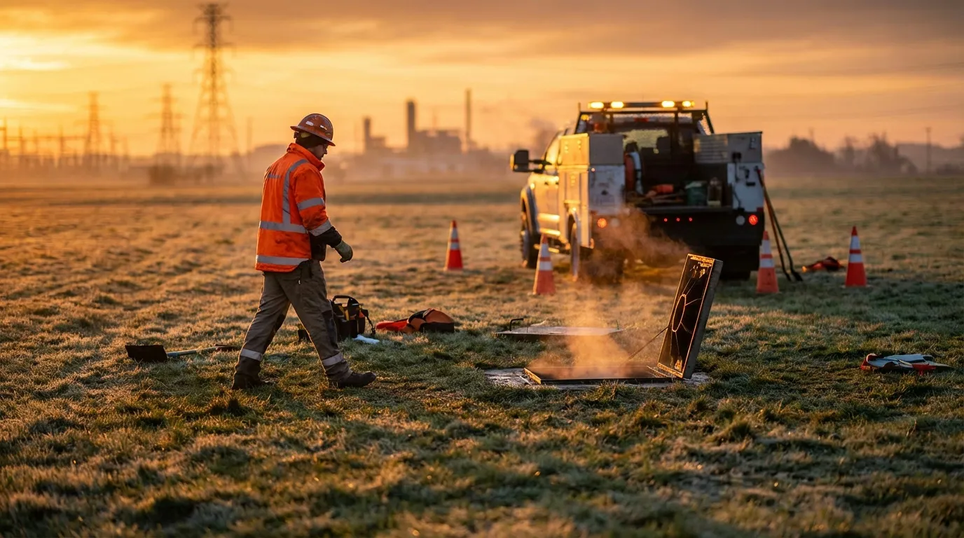 Utility worker responding to early morning emergency call-out at job site