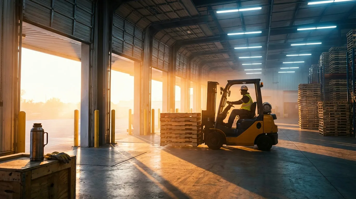 Warehouse loading dock at dawn with forklift operator starting early shift