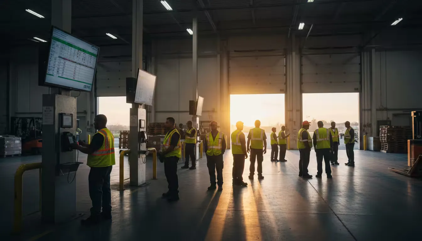 Distribution center loading dock at dawn as day shift workers arrive.
