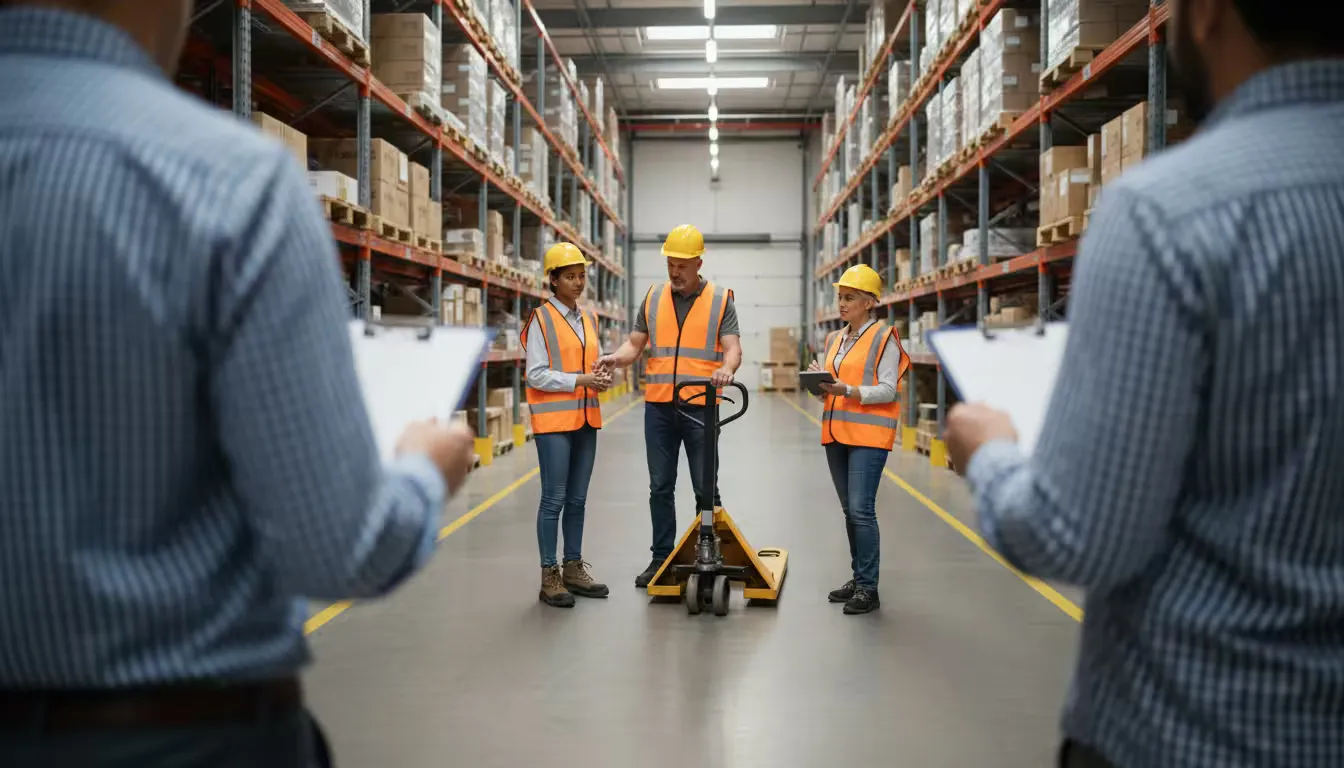 Over-the-shoulder shot from behind two hiring managers holding clipboards, observing three candidates participating in a warehouse safety demonstratio