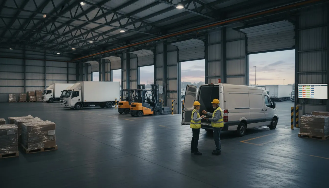 Warehouse workers coordinating delivery van assignments at loading dock during dawn