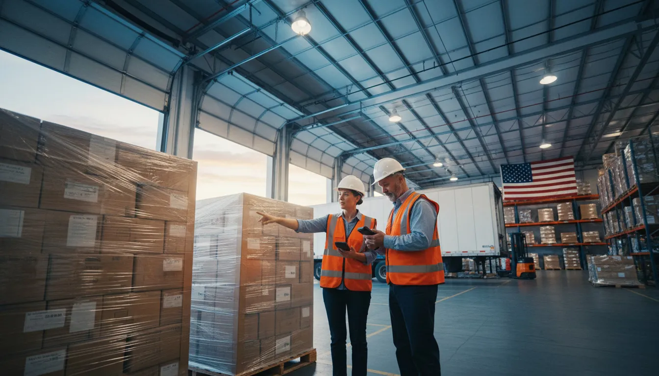 Warehouse workers coordinating Memorial Day weekend logistics at loading dock