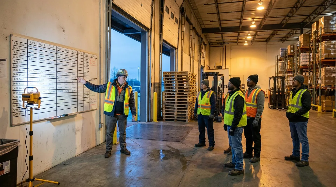 Warehouse team gathered for morning briefing near loading dock