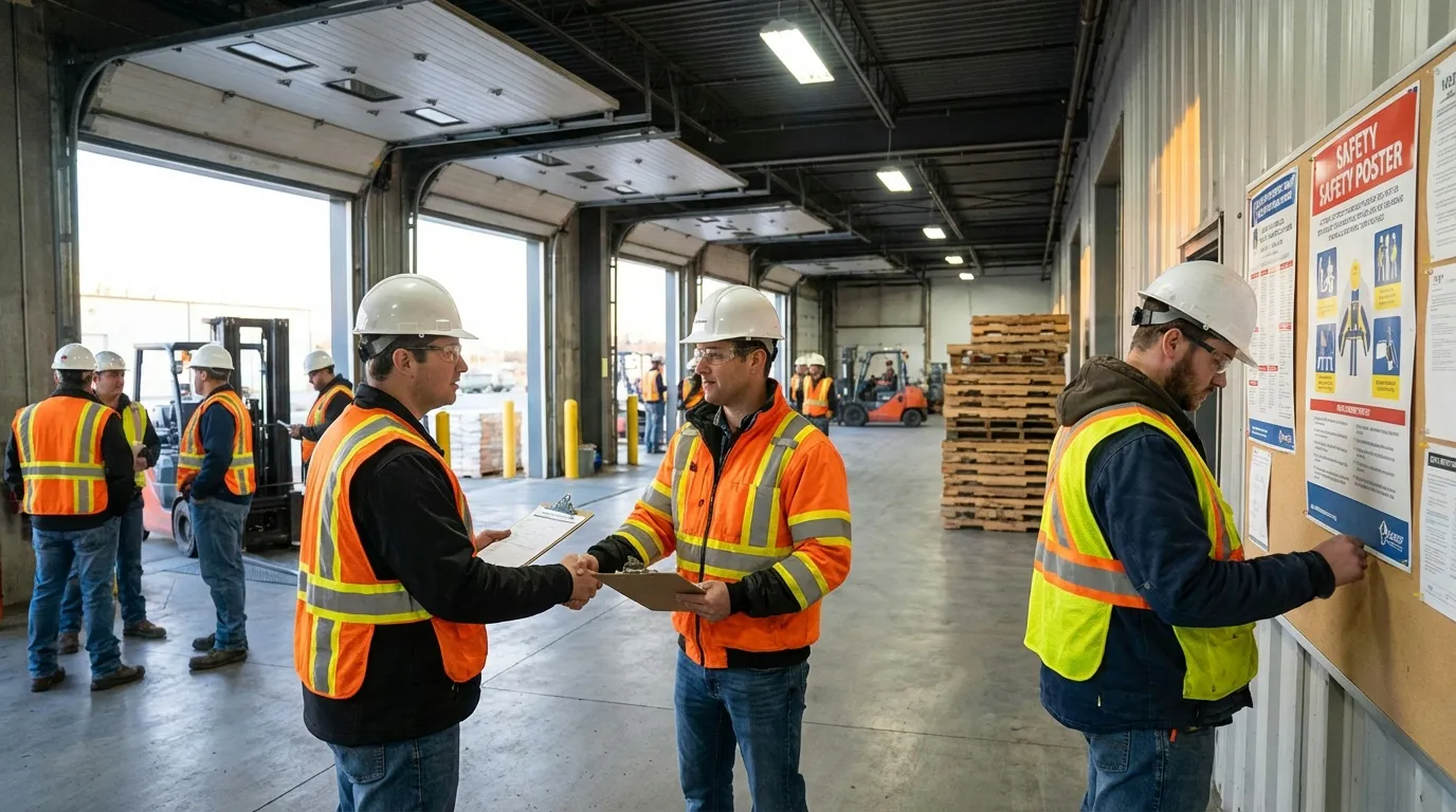 Warehouse workers in safety vests during shift handoff at loading dock