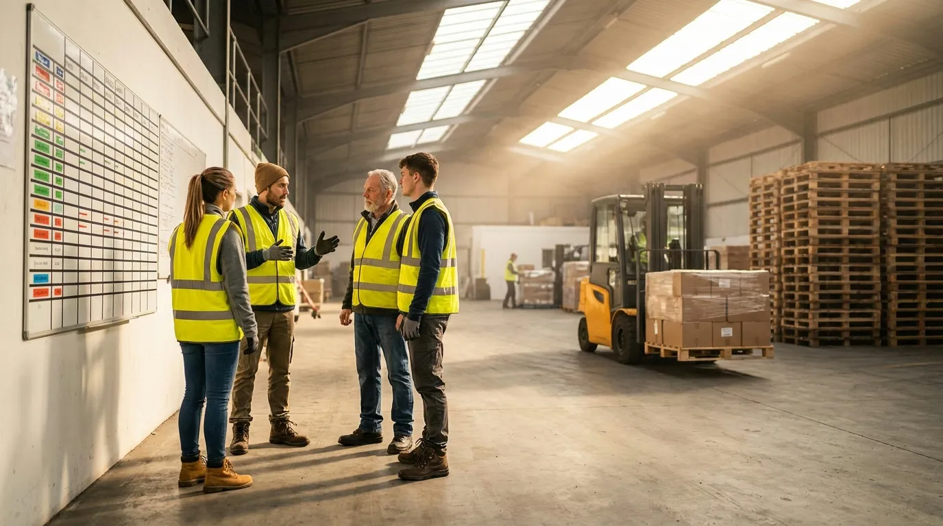 Warehouse team discussing shift coverage near loading dock