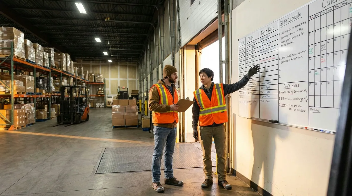 Two warehouse workers discussing shift coverage during morning handoff at loading dock