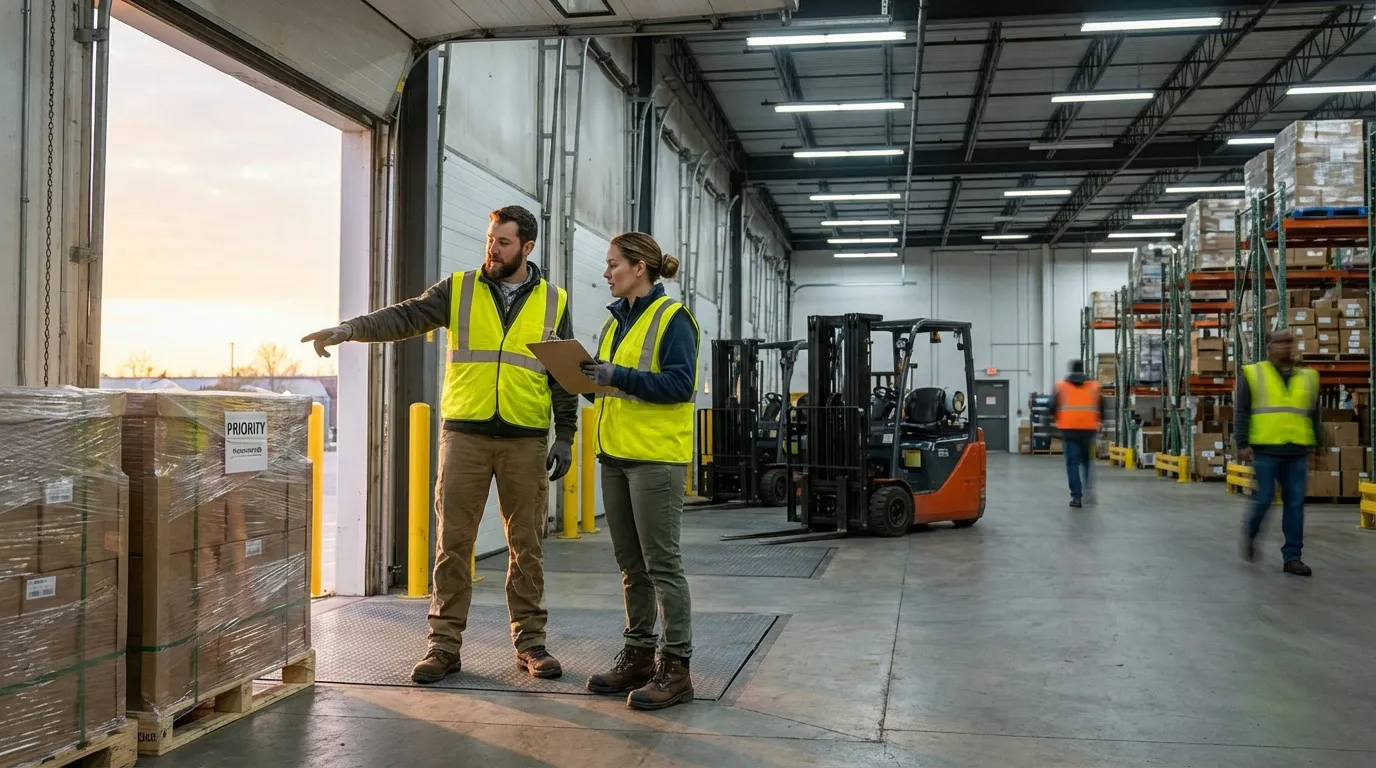 Two warehouse workers during morning shift handoff at loading dock