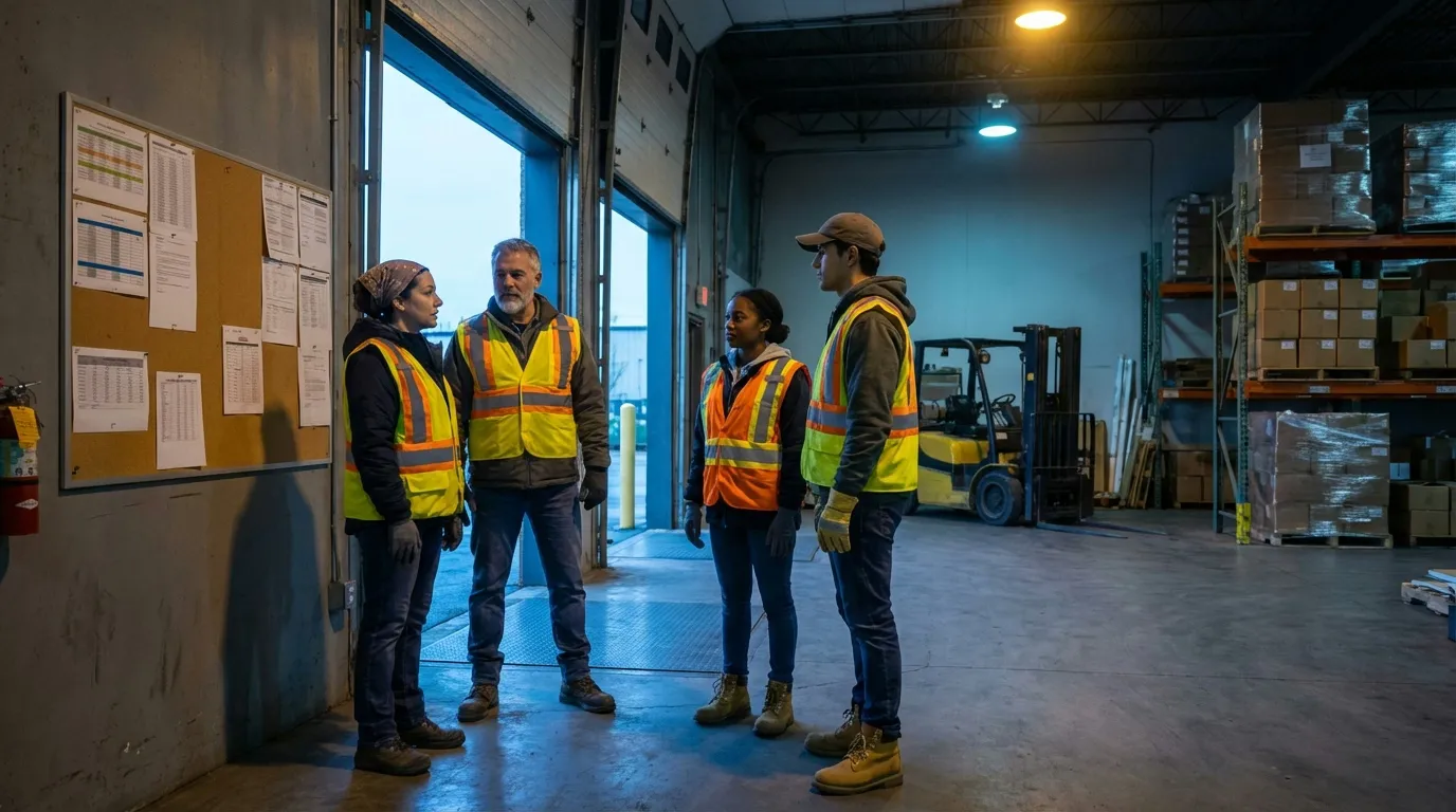 Warehouse workers gathered at loading dock for morning shift briefing