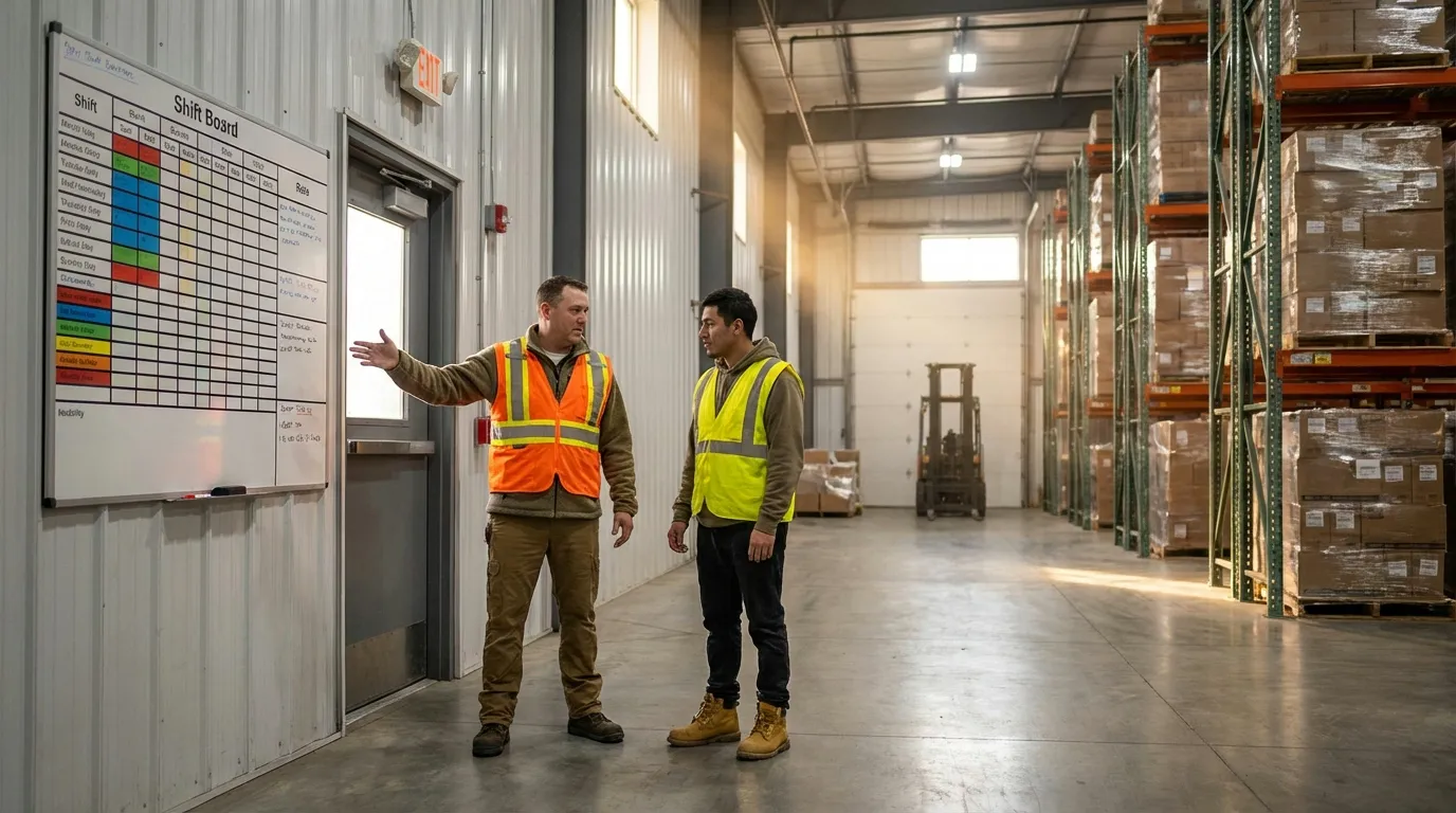 Warehouse supervisor coaching team member near schedule board
