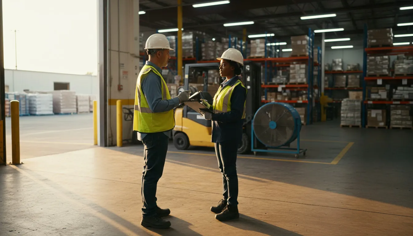 Warehouse supervisor conducting shift handoff briefing at loading dock