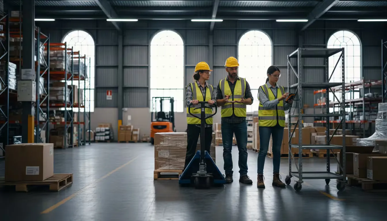 Wide shot of a warehouse floor during mid-morning operations showing three team members demonstrating effective collaboration behaviors.