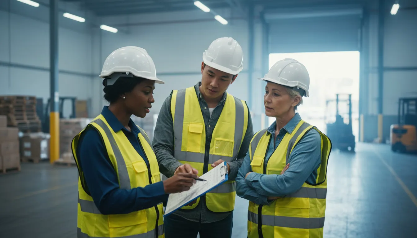 Warehouse workers reviewing holiday shift schedule during handoff