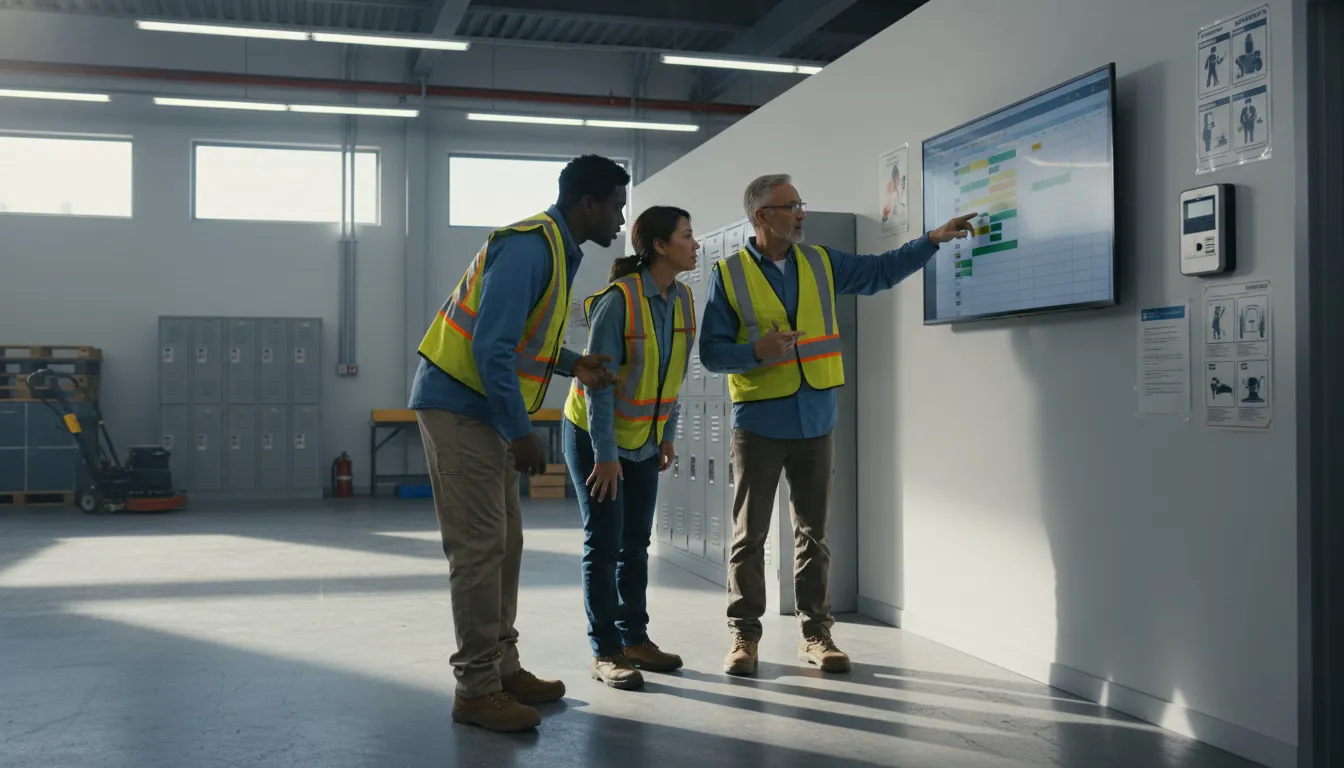 Warehouse workers reviewing shift coverage on wall schedule