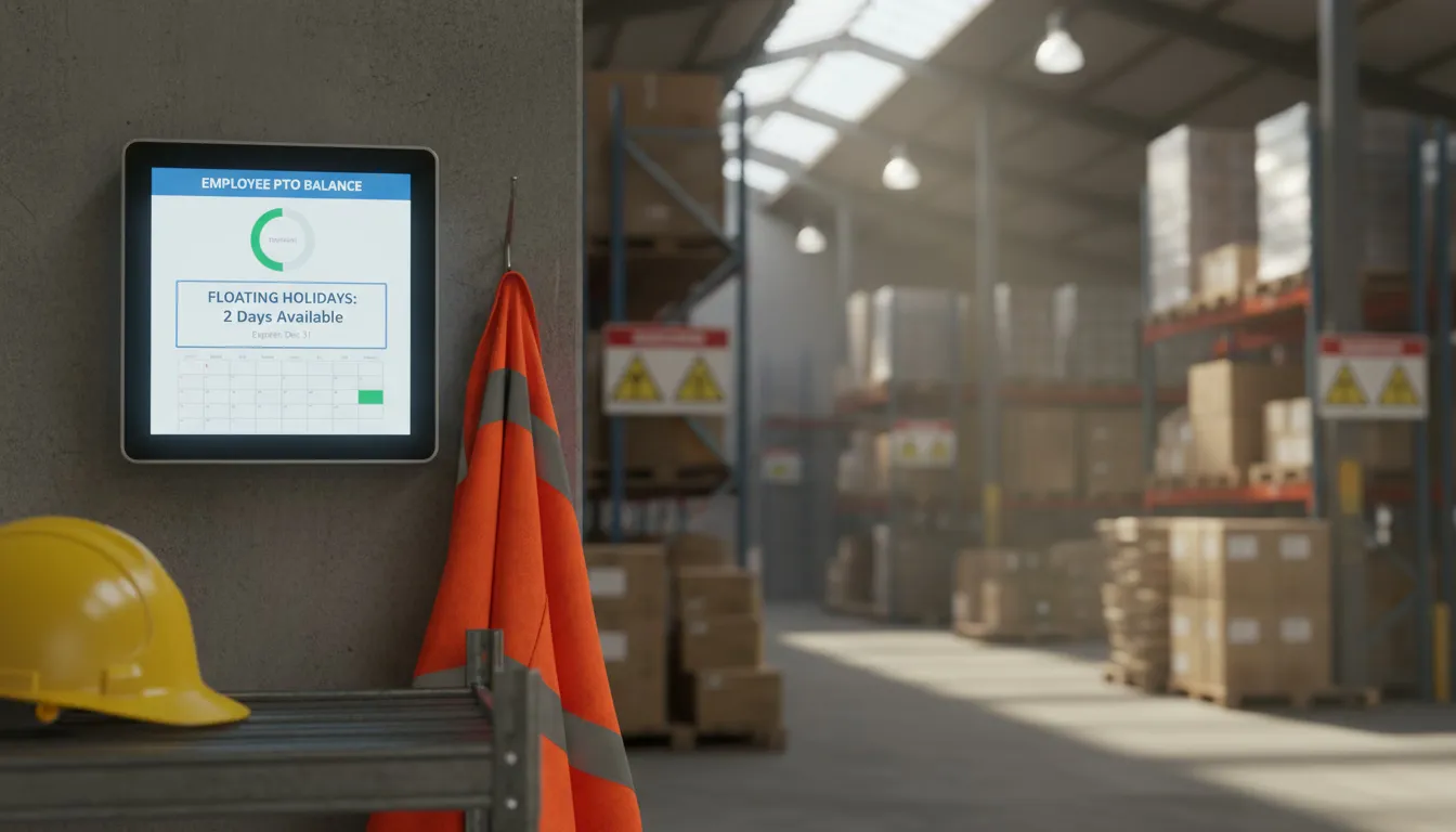Digital time clock displaying floating holiday balance for warehouse worker