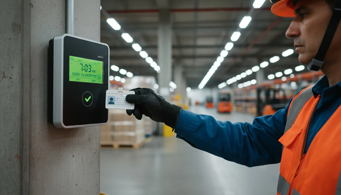 Warehouse worker scanning badge at time clock during shift change
