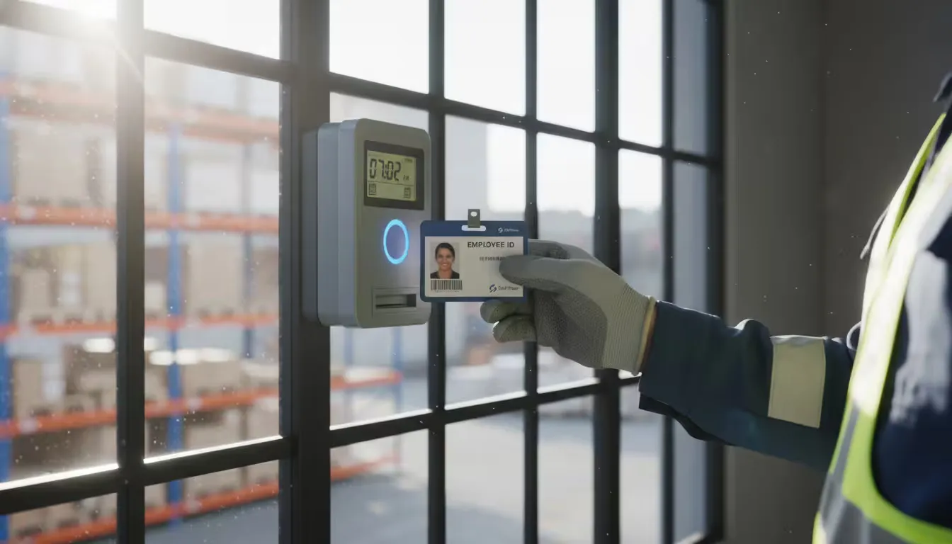 Close-up photorealistic shot of a warehouse worker's hand scanning an ID badge at a wall-mounted time clock station near the facility entrance.