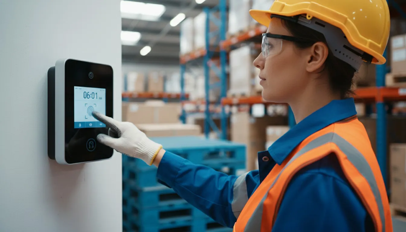 Warehouse worker clocking in at biometric time scanner on wall