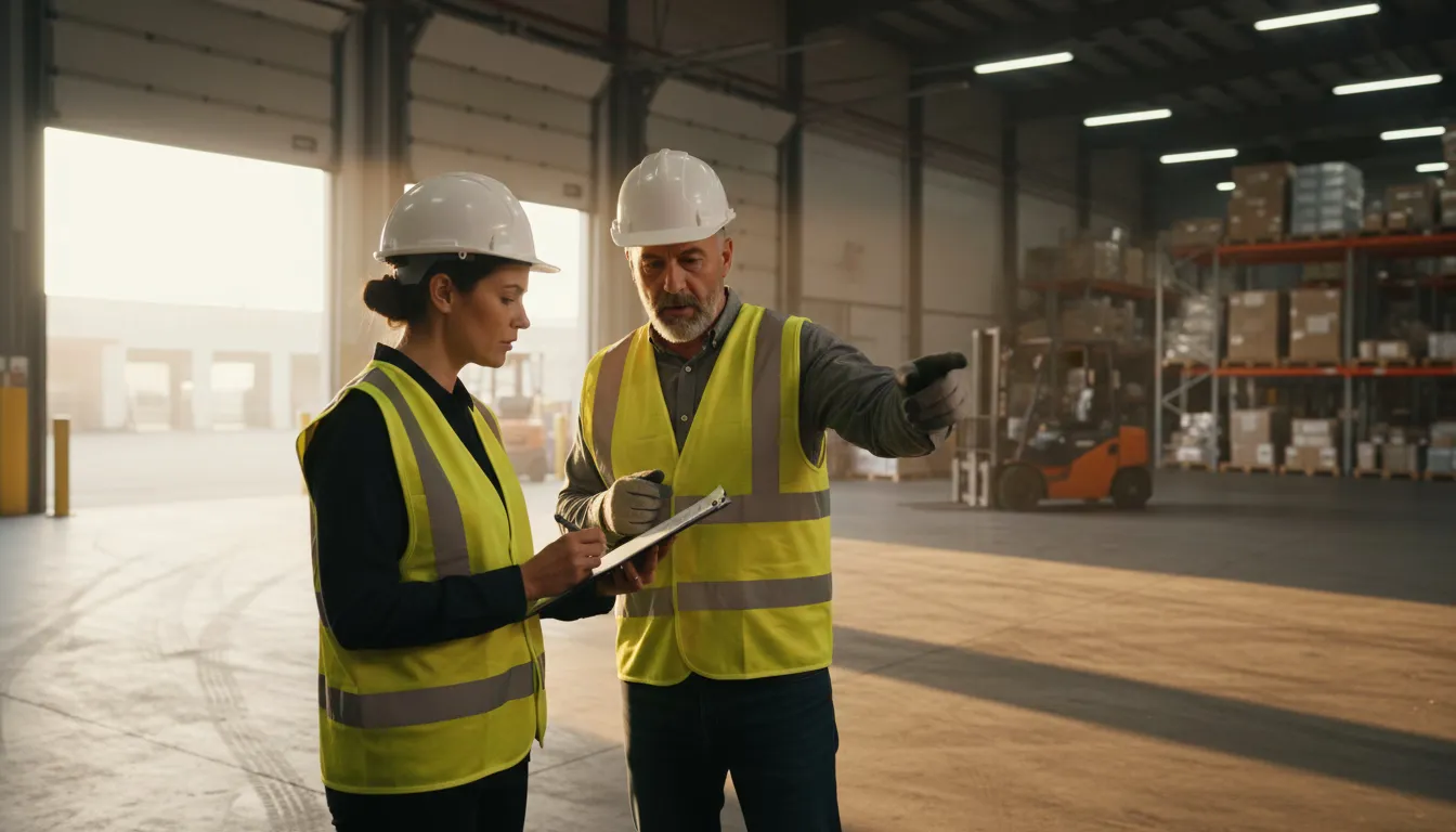 Two warehouse workers in safety vests conducting shift handoff at loading dock